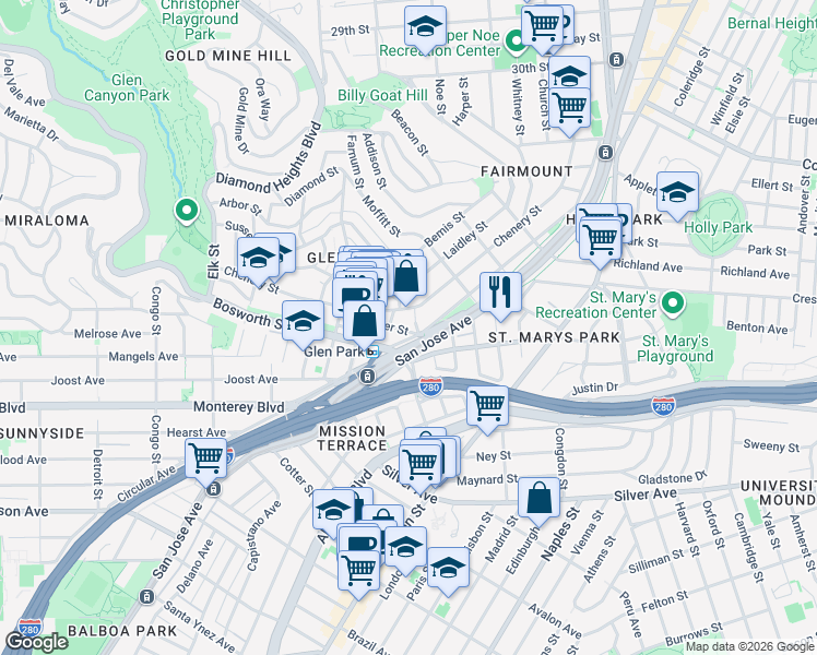 map of restaurants, bars, coffee shops, grocery stores, and more near 568 Arlington Street in San Francisco