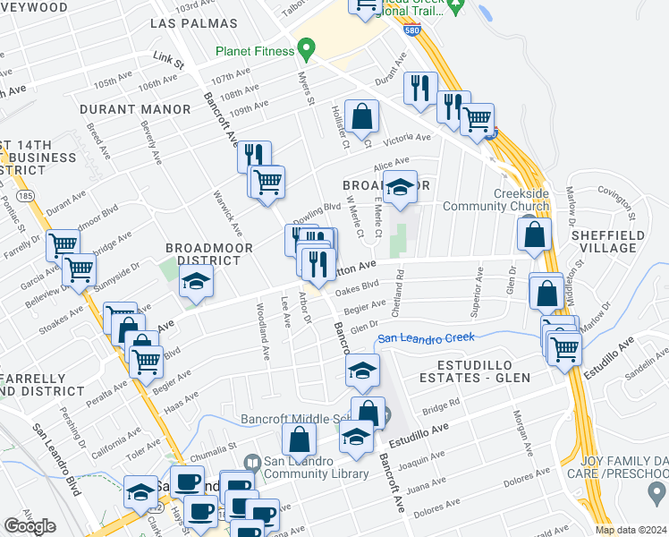 map of restaurants, bars, coffee shops, grocery stores, and more near 728 Dutton Avenue in San Leandro
