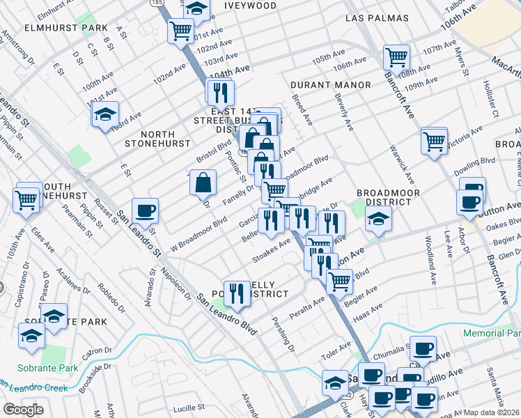 map of restaurants, bars, coffee shops, grocery stores, and more near 220 Lafayette Avenue in San Leandro