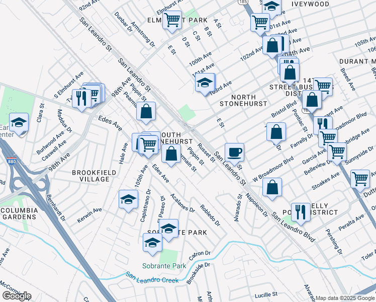 map of restaurants, bars, coffee shops, grocery stores, and more near 10606 Pearmain Street in Oakland