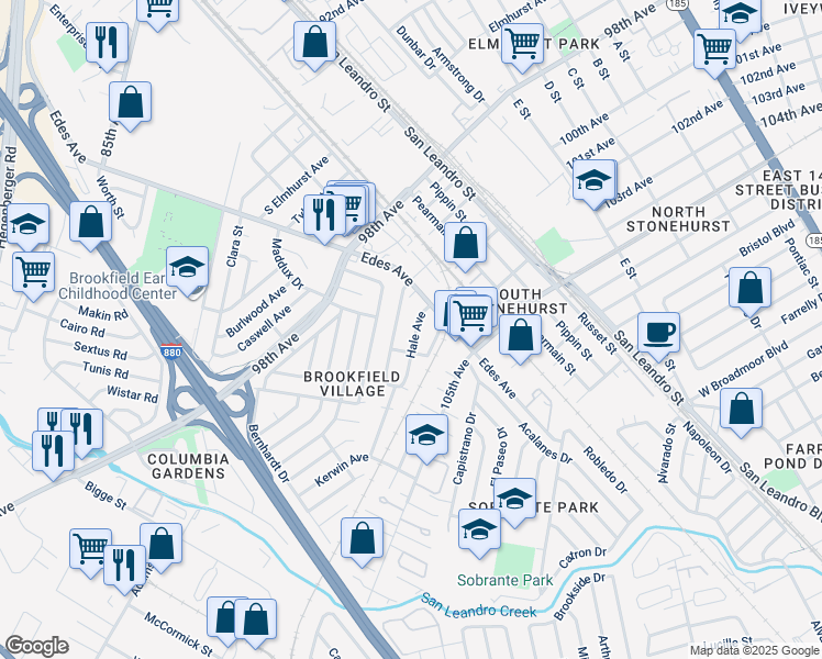 map of restaurants, bars, coffee shops, grocery stores, and more near 630 Douglas Avenue in Oakland