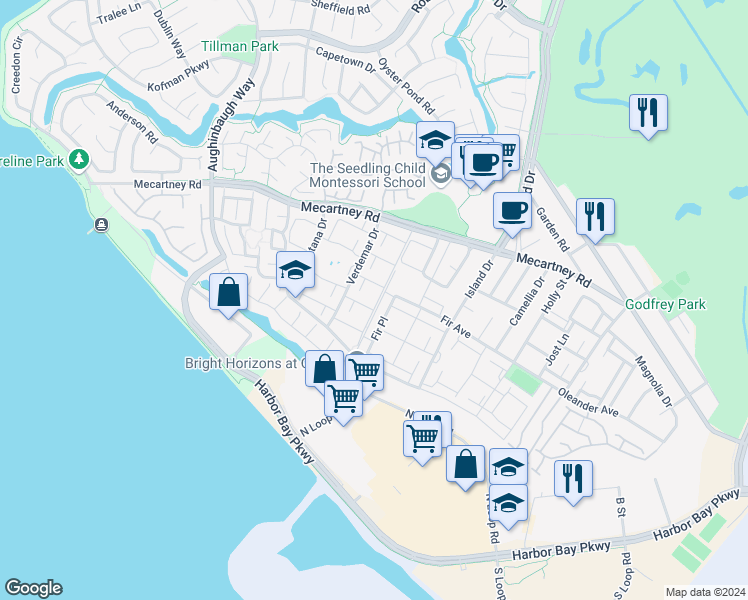 map of restaurants, bars, coffee shops, grocery stores, and more near 3115 La Campania in Alameda