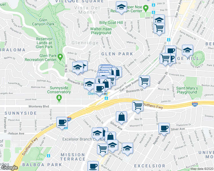 map of restaurants, bars, coffee shops, grocery stores, and more near 35 Wilder Street in San Francisco