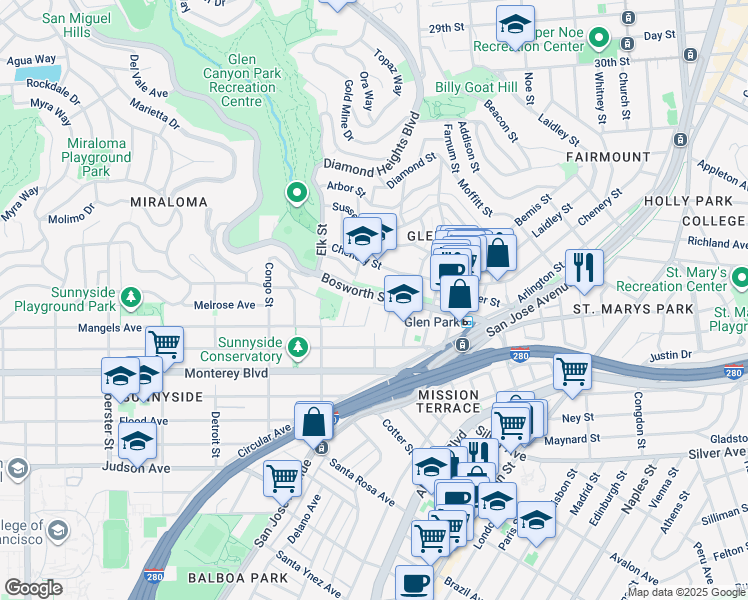 map of restaurants, bars, coffee shops, grocery stores, and more near 943 Bosworth Street in San Francisco