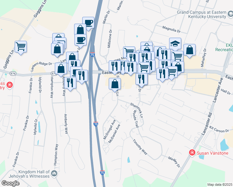 map of restaurants, bars, coffee shops, grocery stores, and more near 141 South Killarney Lane in Richmond