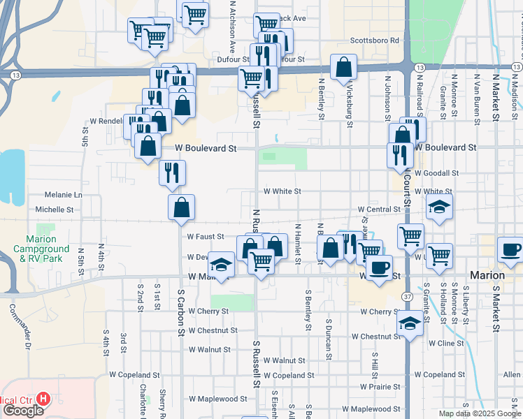 map of restaurants, bars, coffee shops, grocery stores, and more near 1303 West Central Street in Marion