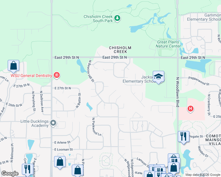 map of restaurants, bars, coffee shops, grocery stores, and more near 2810 North Parkwood Court in Wichita