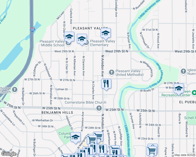 map of restaurants, bars, coffee shops, grocery stores, and more near 2749 North Amidon Avenue in Wichita