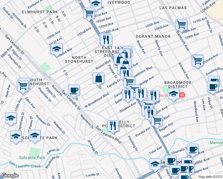 map of restaurants, bars, coffee shops, grocery stores, and more near 244 West Broadmoor Boulevard in San Leandro