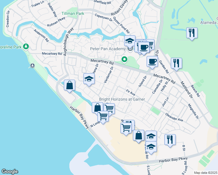 map of restaurants, bars, coffee shops, grocery stores, and more near 3115 La Campania in Alameda