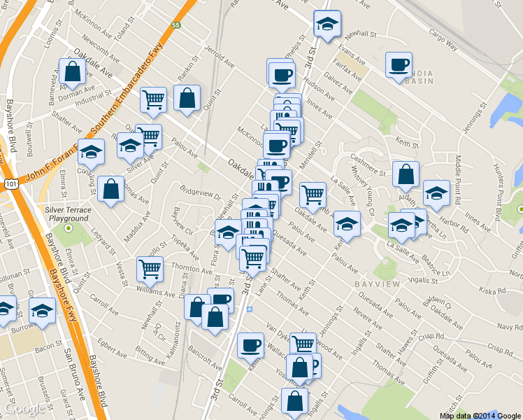 map of restaurants, bars, coffee shops, grocery stores, and more near 1611 Palou Avenue in San Francisco