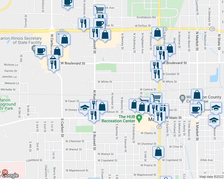 map of restaurants, bars, coffee shops, grocery stores, and more near 1204 West Central Street in Marion