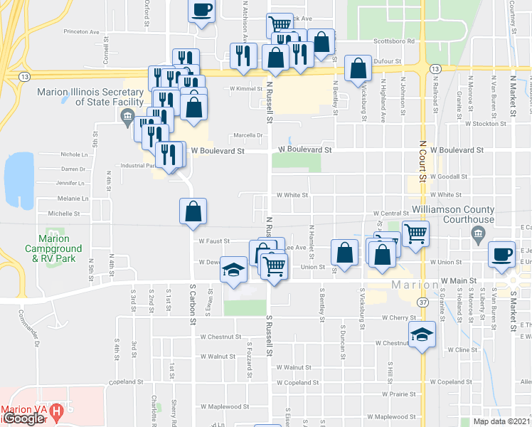 map of restaurants, bars, coffee shops, grocery stores, and more near 1500 West Central Street in Marion