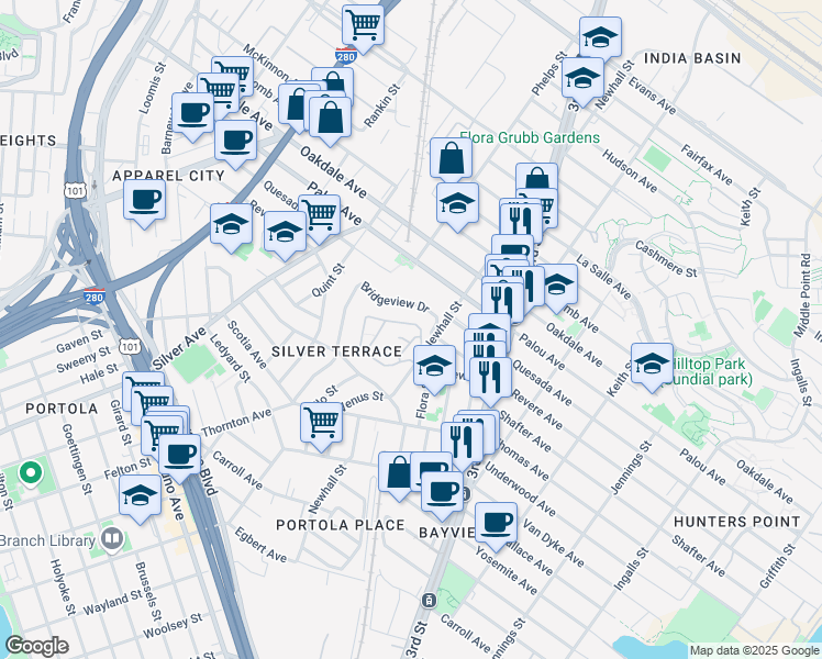 map of restaurants, bars, coffee shops, grocery stores, and more near 131 Bayview Circle in San Francisco