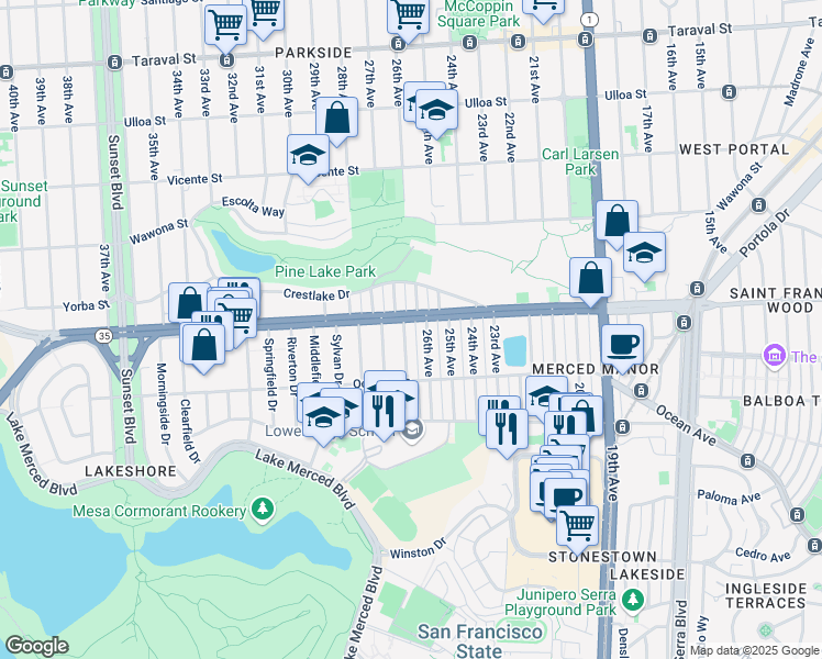 map of restaurants, bars, coffee shops, grocery stores, and more near 12 Inverness Drive in San Francisco