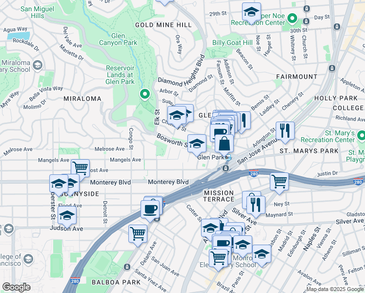 map of restaurants, bars, coffee shops, grocery stores, and more near 943 Bosworth Street in San Francisco