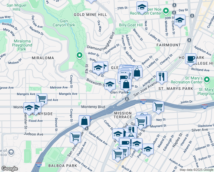 map of restaurants, bars, coffee shops, grocery stores, and more near Bosworth Street in San Francisco
