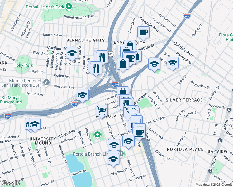map of restaurants, bars, coffee shops, grocery stores, and more near 711 Barneveld Avenue in San Francisco