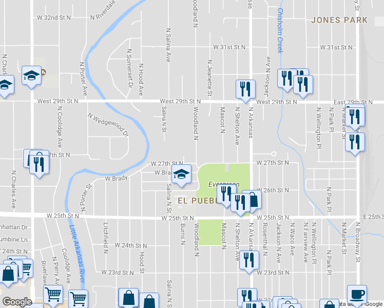 map of restaurants, bars, coffee shops, grocery stores, and more near 2805 Woodland North in Wichita