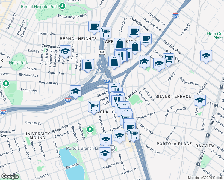 map of restaurants, bars, coffee shops, grocery stores, and more near 2 Gaven Street in San Francisco