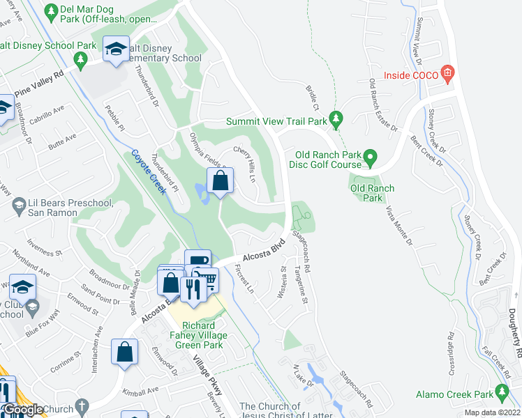 map of restaurants, bars, coffee shops, grocery stores, and more near 9419 Olympia Fields Drive in San Ramon