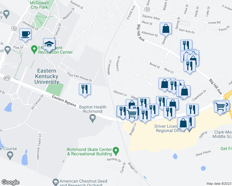 map of restaurants, bars, coffee shops, grocery stores, and more near 384 Gibson Lane in Richmond