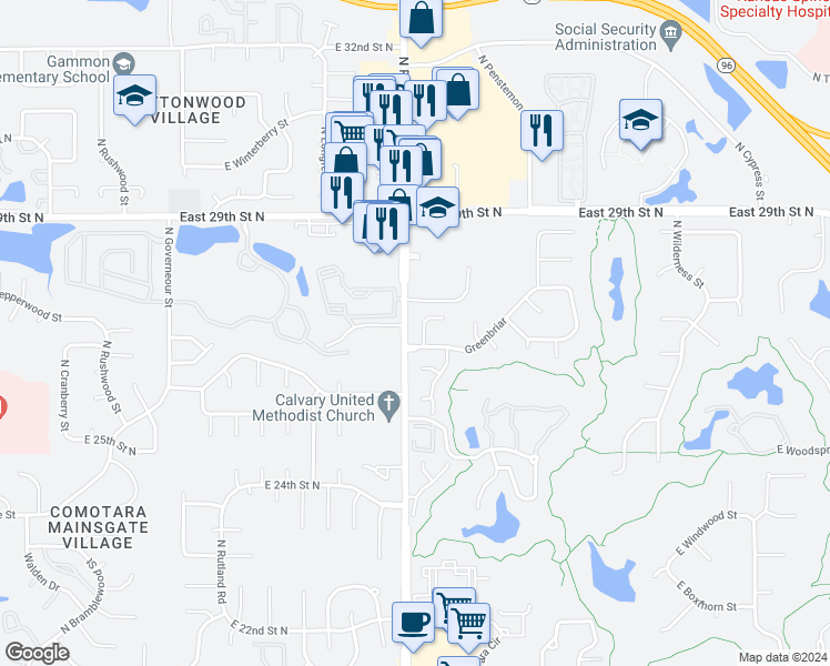 map of restaurants, bars, coffee shops, grocery stores, and more near 8012 East Greenbriar Court in Wichita