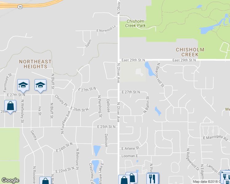 map of restaurants, bars, coffee shops, grocery stores, and more near 4743 East 27th Street North in Wichita