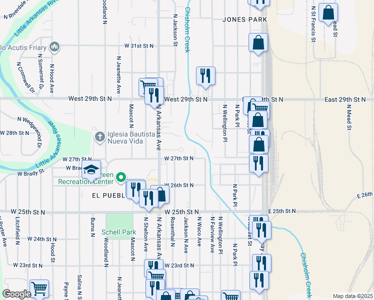 map of restaurants, bars, coffee shops, grocery stores, and more near 600 West North Court in Wichita