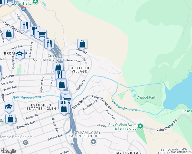 map of restaurants, bars, coffee shops, grocery stores, and more near 1111 Brookvale Drive in San Leandro