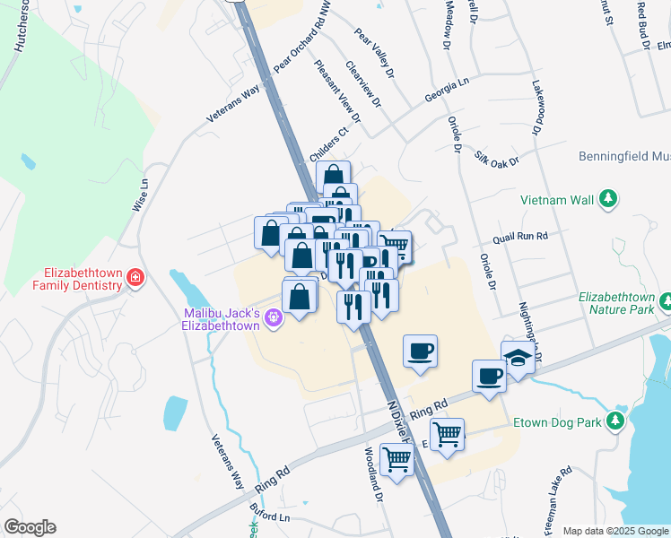 map of restaurants, bars, coffee shops, grocery stores, and more near 111 Towne Drive in Elizabethtown