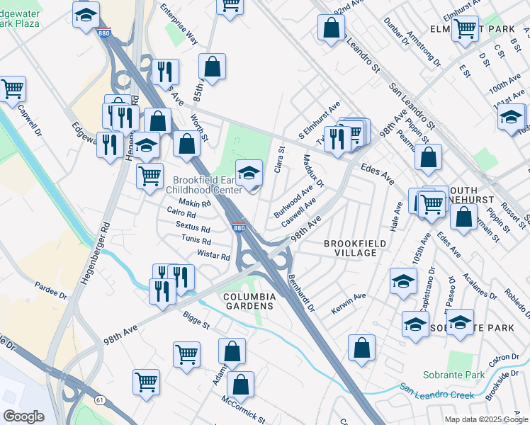 map of restaurants, bars, coffee shops, grocery stores, and more near 349 Clara Street in Oakland