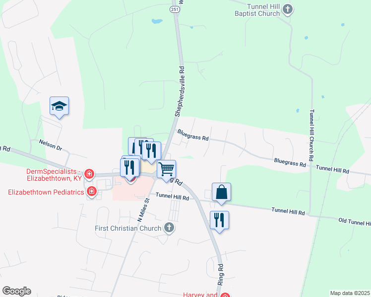 map of restaurants, bars, coffee shops, grocery stores, and more near 98 Blue Ridge Court in Elizabethtown