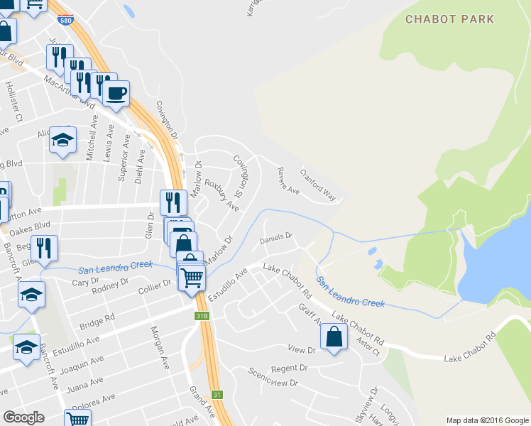 map of restaurants, bars, coffee shops, grocery stores, and more near 1121 Brookvale Drive in San Leandro