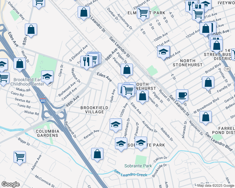 map of restaurants, bars, coffee shops, grocery stores, and more near 685 Cary Avenue in Oakland