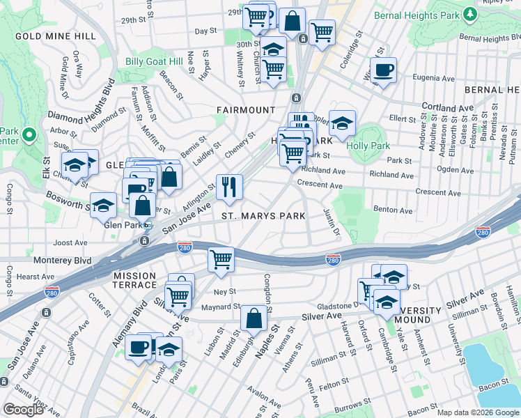 map of restaurants, bars, coffee shops, grocery stores, and more near 3 Saint Marys Avenue in San Francisco