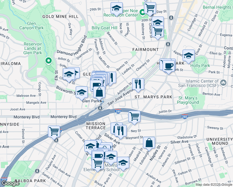 map of restaurants, bars, coffee shops, grocery stores, and more near 568 Arlington Street in San Francisco