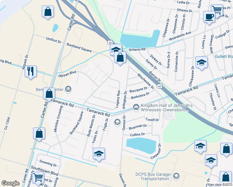 map of restaurants, bars, coffee shops, grocery stores, and more near 3614 Legacy Run in Owensboro