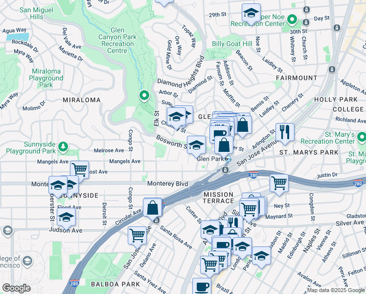 map of restaurants, bars, coffee shops, grocery stores, and more near 943 Bosworth Street in San Francisco