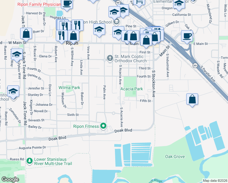 map of restaurants, bars, coffee shops, grocery stores, and more near 644 Orange Avenue in Ripon