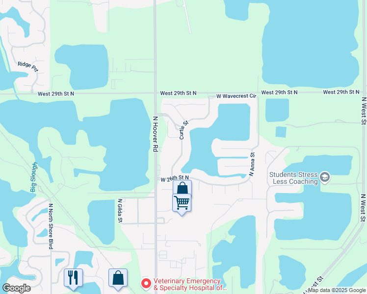 map of restaurants, bars, coffee shops, grocery stores, and more near 2502 North Hoover Road in Wichita