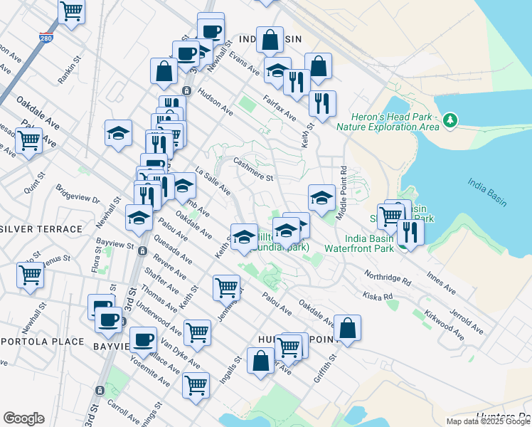 map of restaurants, bars, coffee shops, grocery stores, and more near 100 Whitney Young Circle in San Francisco