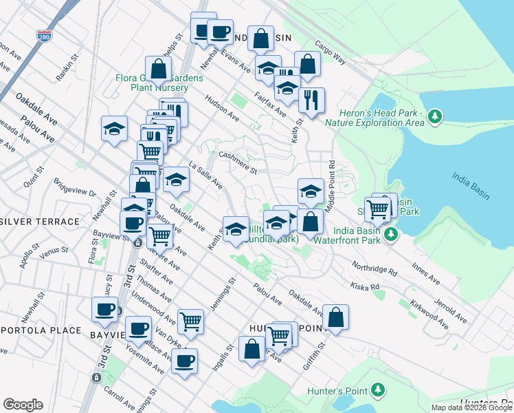 map of restaurants, bars, coffee shops, grocery stores, and more near 100 Whitney Young Circle in San Francisco
