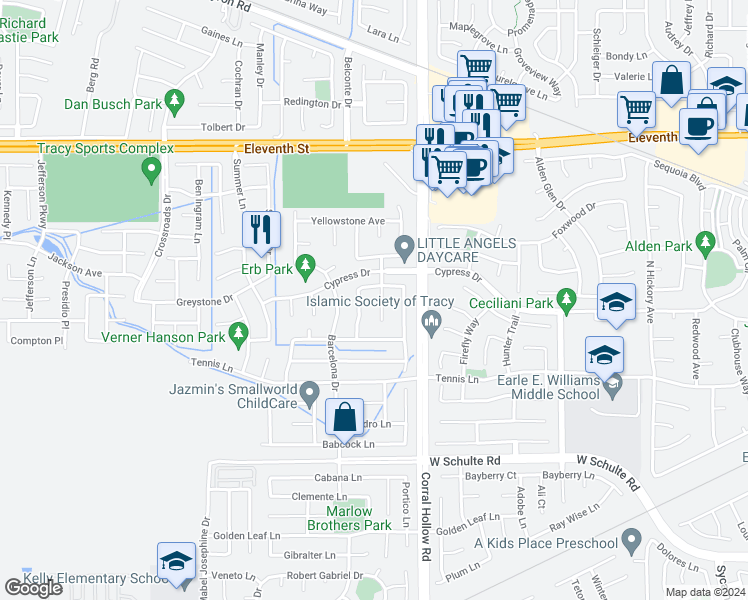 map of restaurants, bars, coffee shops, grocery stores, and more near 543 Banff Court in Tracy