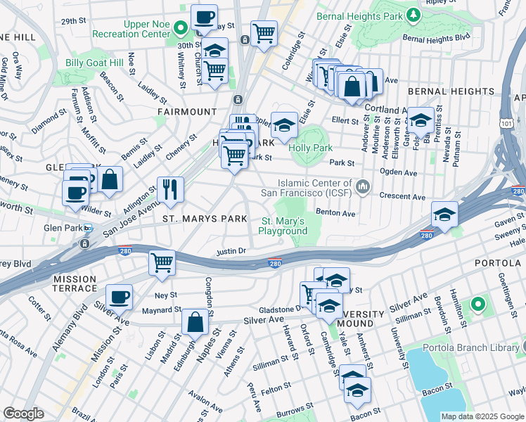 map of restaurants, bars, coffee shops, grocery stores, and more near 2 Justin Drive in San Francisco