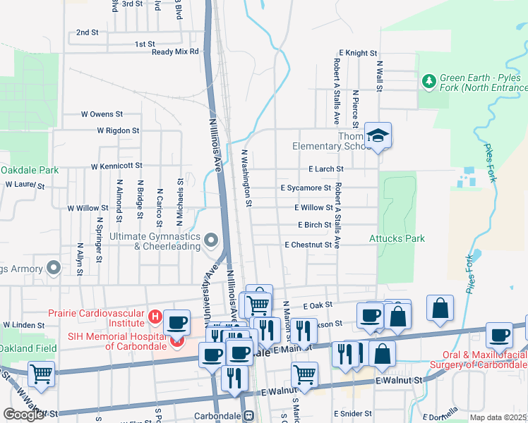map of restaurants, bars, coffee shops, grocery stores, and more near 209 East Willow Street in Carbondale