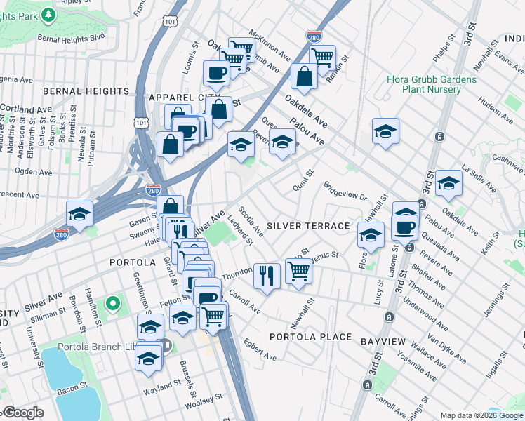 map of restaurants, bars, coffee shops, grocery stores, and more near 80 Topeka Avenue in San Francisco