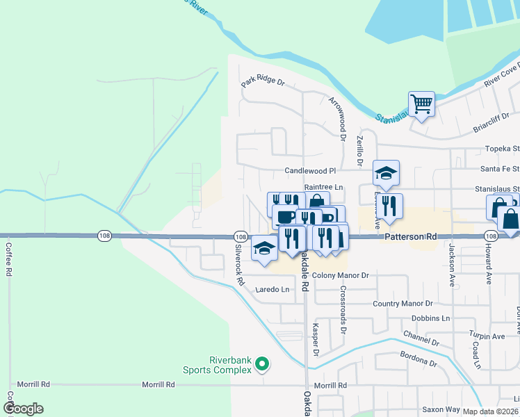 map of restaurants, bars, coffee shops, grocery stores, and more near 2007 Stanley Allen Court in Riverbank