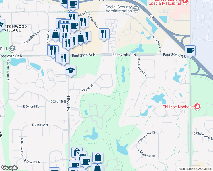 map of restaurants, bars, coffee shops, grocery stores, and more near 8514 Greenbriar in Wichita