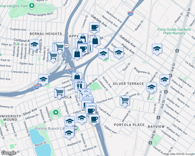 map of restaurants, bars, coffee shops, grocery stores, and more near Silver Avenue & Ledyard Street in San Francisco